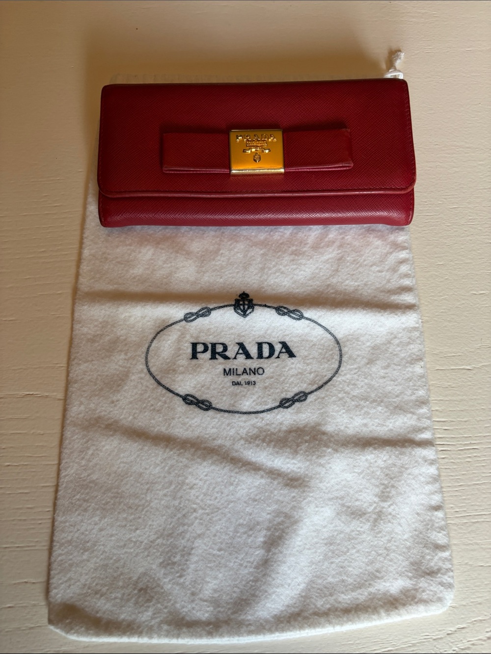 Prada Red Saffiano Leather Bow-Trim Continental Wallet